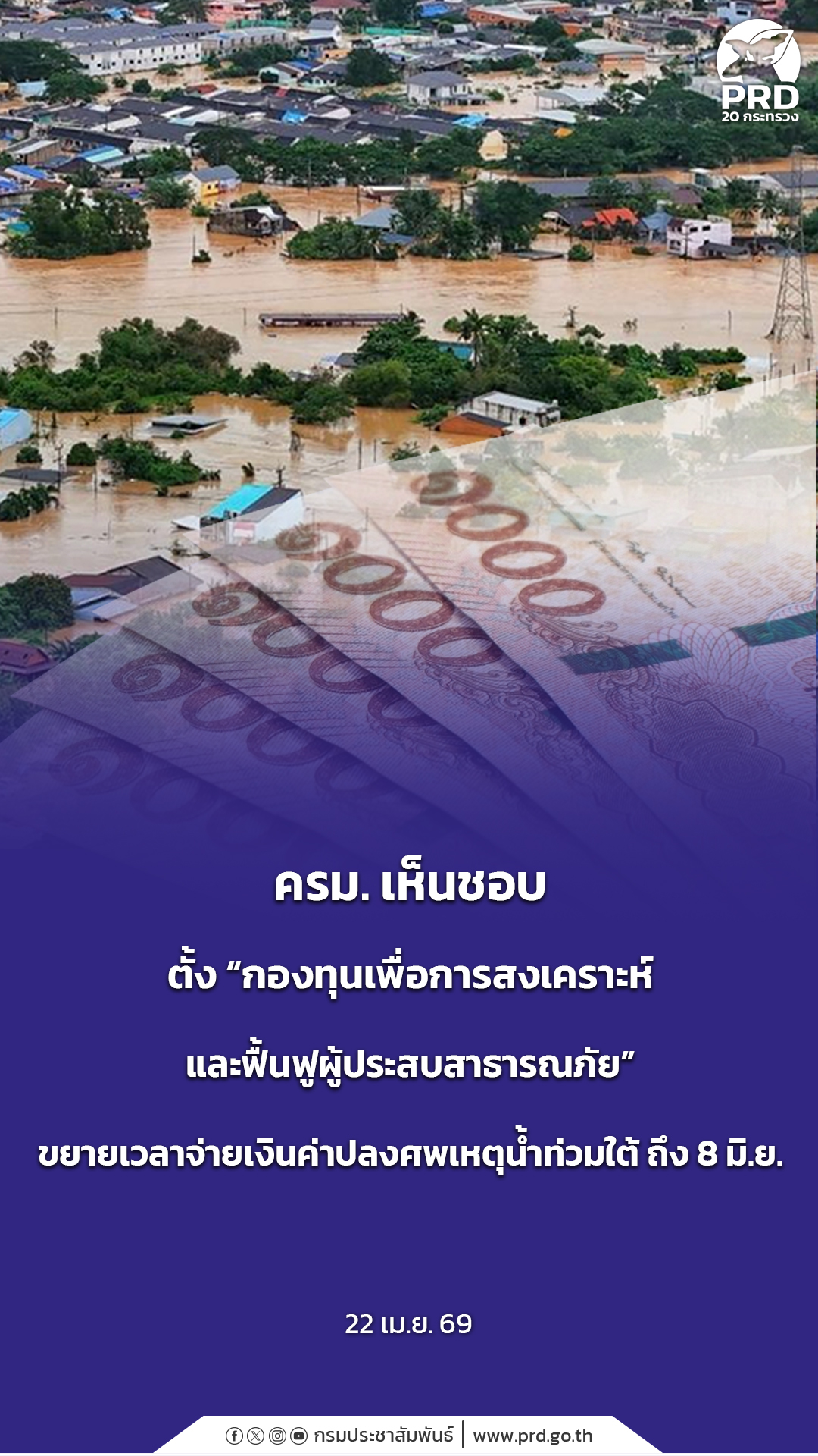 ครม. เห็นชอบตั้ง &ldquo;กองทุนเพื่อการสงเคราะห์และฟื้นฟูผู้ประสบสาธารณภัย&rdquo; ขยายเวลาจ่ายเงินค่าปลงศพเหตุน้ำท่วมใต้ ถึง 8 มิ.ย.